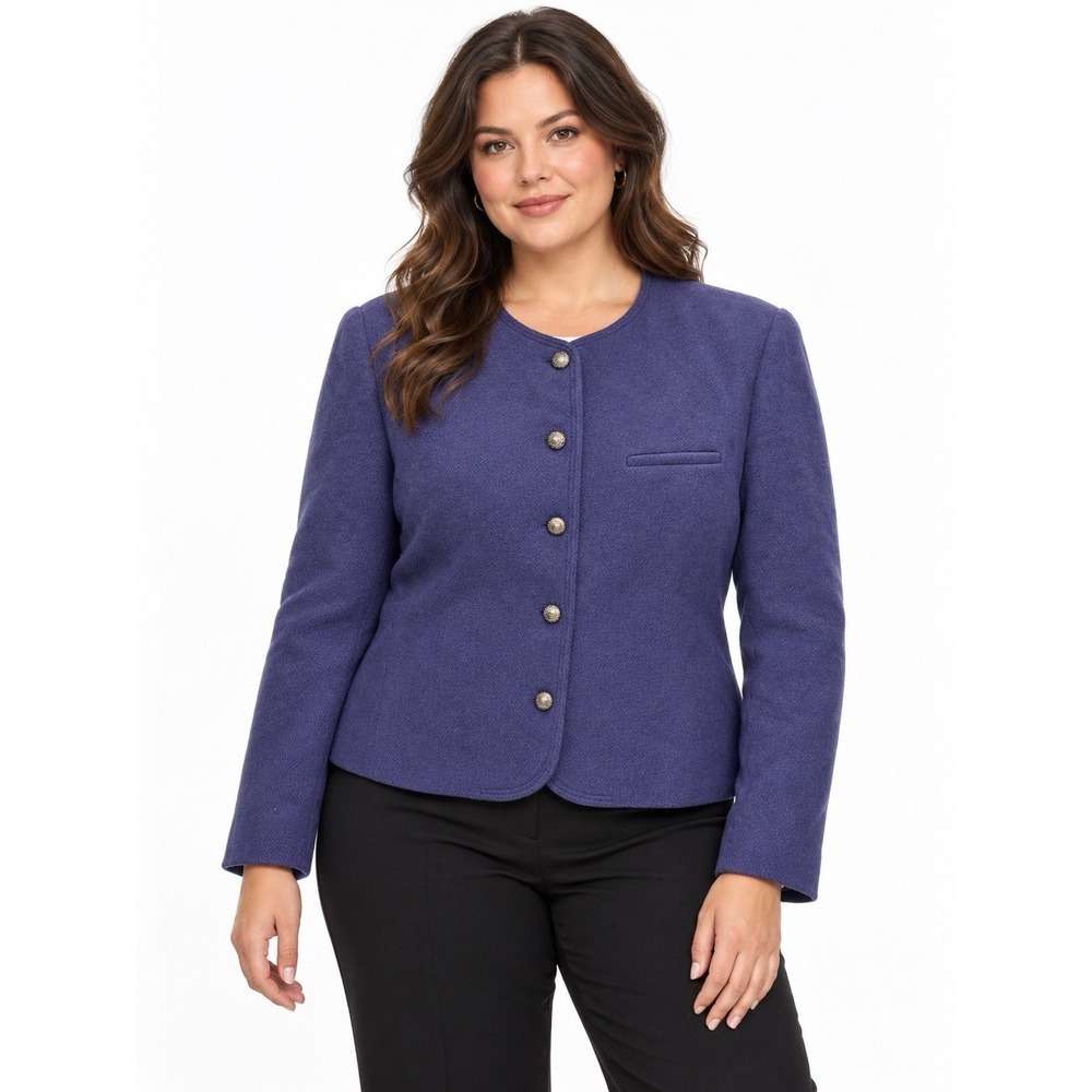 Vintage Evan Picone Women 16 Purple Wool Blazer Collarless USA Union Made